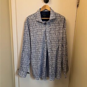 Bugatchi Shaped Fit Men's Patterned Long-Sleeve Button-Up Shirt - White & Blue